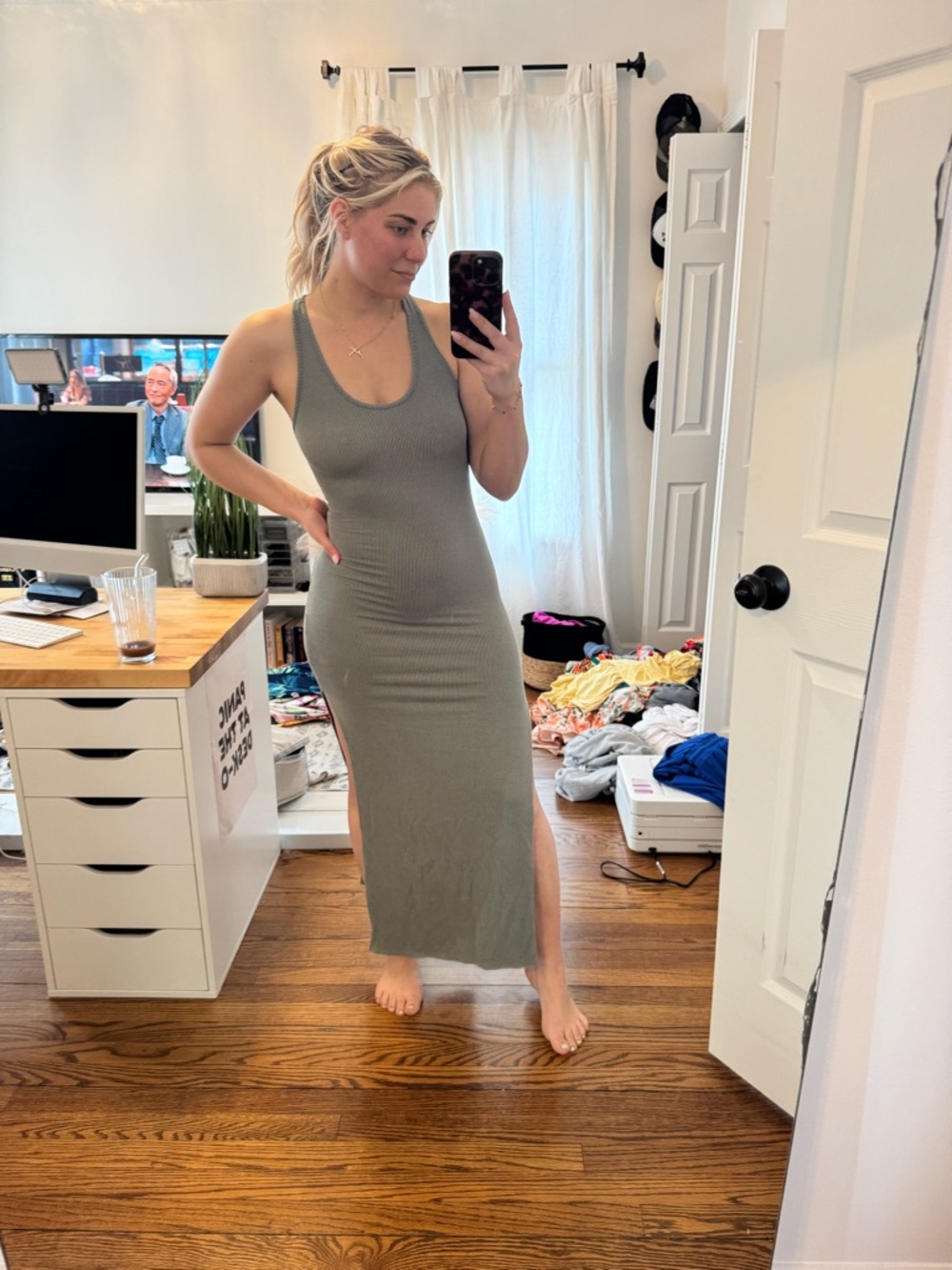 Lulu's Olive Green Ribbed Razor Back Maxi Dress with Side Slit